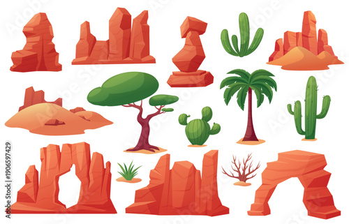 Desert landscape elements. Sunburned rocks and mountains, oasis tree, palms and cactus. Sand hill with cracked stones and dunes, nowaday vector clipart