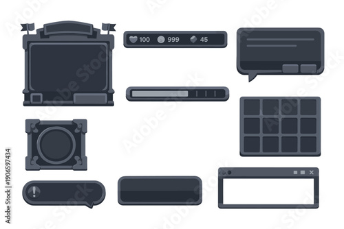 Dark futuristic user interface game HUD elements set with panels, buttons, counters, chat bubbles, inventory grid, and progress bar icons