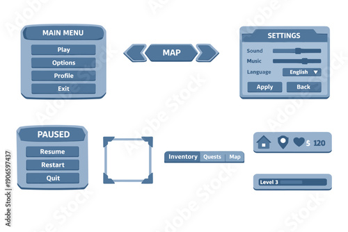Minimal game interface UI set with main menu, settings sliders, pause panel, map navigation, inventory tabs, and heads-up status bar elements