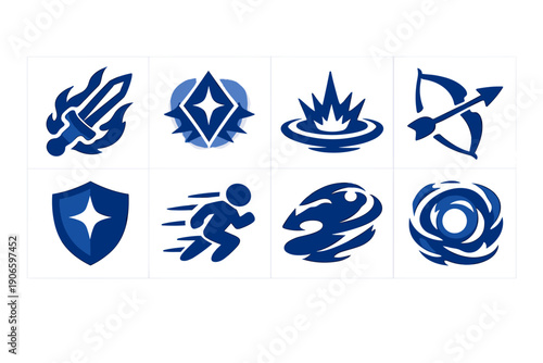 Set of blue fantasy game ability icons featuring sword, crystal, explosion, bow, shield, sprinting figure, swirling vortex, and spiral energy symbols