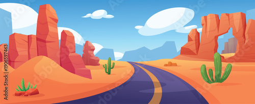 Desert with road. Asphalt highway in savannah, landscape arizona, africa, texas or mexico. Sand dunes, sunburst cracked rocks, cactus, nowaday vector scene