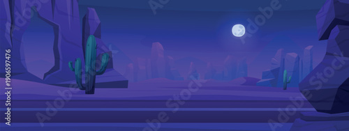 Night desert road. Cartoon highway in sand dunes arizona, mexico or africa. Evening time travel in canyon, midnight sky with moon light, nowaday vector scene