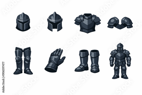 Set of medieval fantasy knight armor pieces including helmets, chestplate, pauldrons, greaves, gauntlet, boots, and full suit illustration