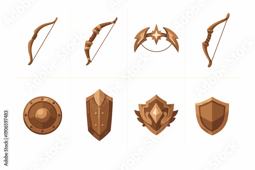 Collection of fantasy medieval archery and defense icons with wooden bows and shields, including round buckler, crest emblems, and protective gear