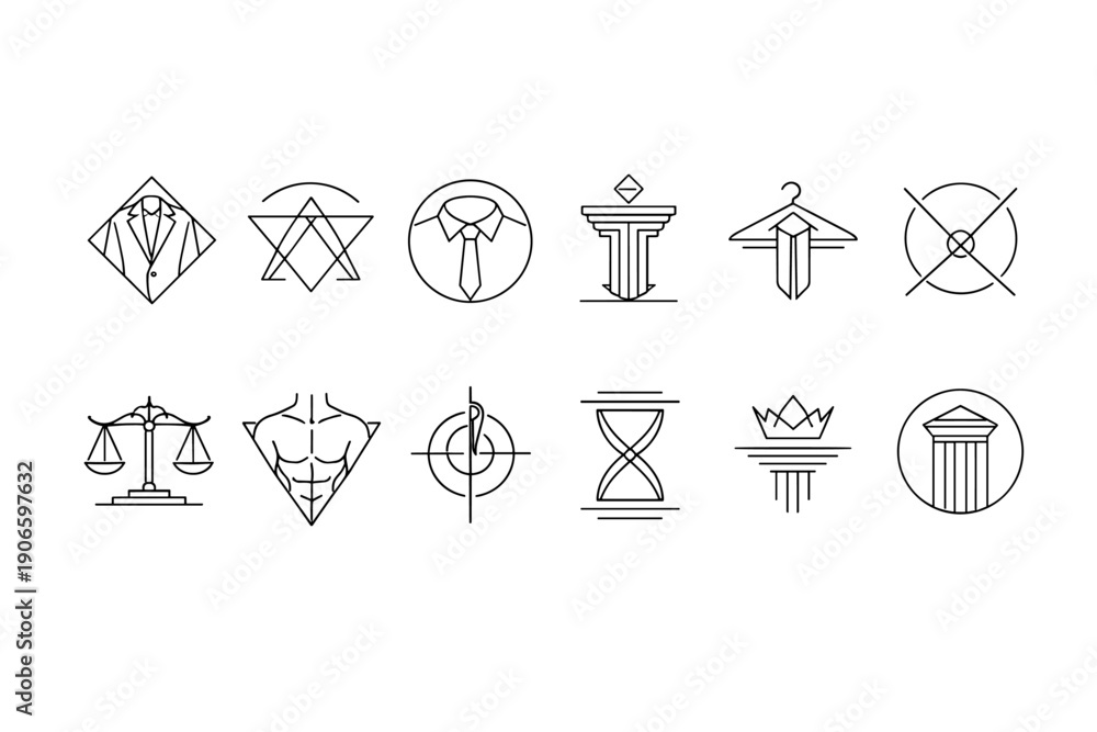 Fototapeta premium Minimal line icon set of business and law symbols featuring suit, tie, scales, columns, crown, hourglass, target, and hanger in monochrome
