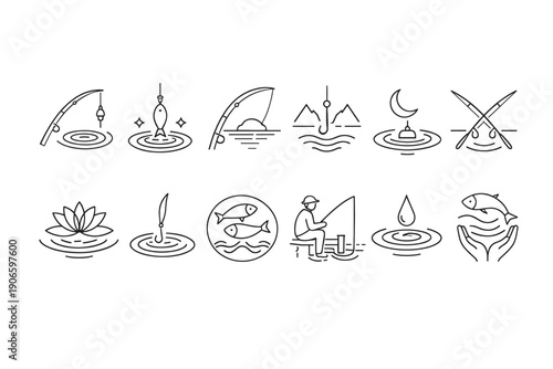 Minimal line icon set of fishing and water elements including rod, lure, ripples, lotus, sunrise, fisherman, fish, and conservation hands
