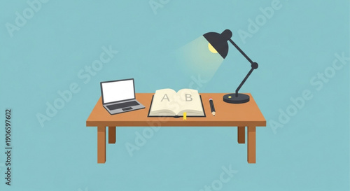 Study desk with laptop book and lamp on wooden table in blue background for education and learning