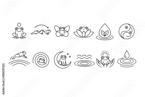 Minimalist line icons of frogs, lotus, leaves, moon, water ripples, and yin yang symbols, showing nature, meditation, and calm harmony set