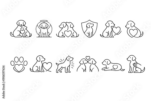 Minimal line art set of cute dog icons with hearts, paw print, sitting and lying poses, protection shield, and affectionate pet friendship symbols