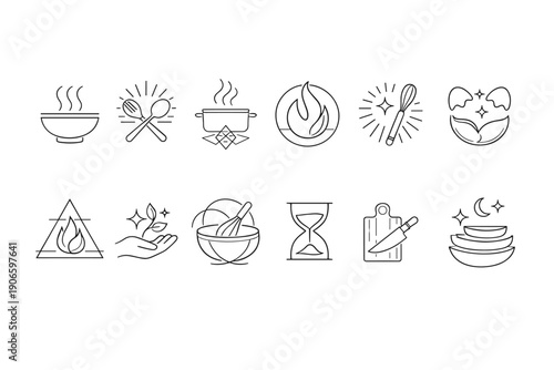 Minimal line art set of cooking and food icons featuring steaming bowl, utensils, pot, flame, herbs, mortar, hourglass, cutting board, and plates