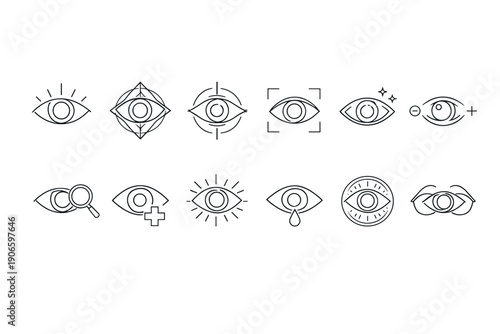 Minimal line icon set of eye and vision concepts including focus, search, scan, visibility, security, analytics, and medical observation symbols