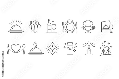 Minimal line icons set for dining and restaurant themes featuring cloche, utensils, wine glass, plate, chef hat, candle, music and moonlit trees