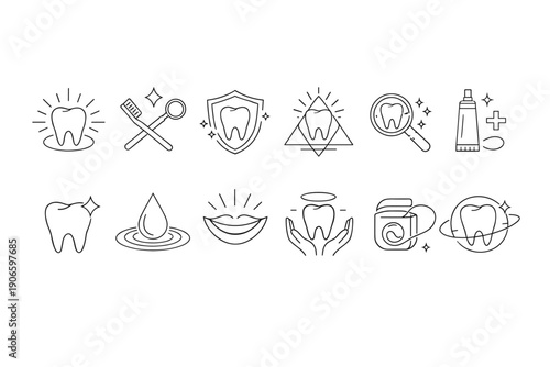 Minimal line icons set for dental care showing tooth, toothbrush, shield, toothpaste, floss, mouth, water drop, inspection magnifier, and cleaning tools