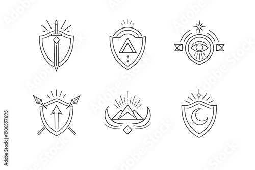Minimal line art heraldic shield icon set featuring sword, triangle, all-seeing eye, crossed arrows, mountain peak, and crescent moon symbols