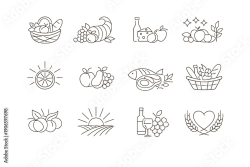 Minimal line art collection of food and nature icons featuring fruits, cheese, fish, bread, baskets, sunrise, sun, grapes, bottle, and heart wreath