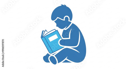 A blue silhouette of a young boy sitting cross legged reading a book with a thoughtful expression on his face in a simple white background