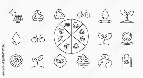 Eco-friendly sustainability line art icon set: renewable energy, recycling, nature, water, and green living concepts. Environmental conservation design elements.