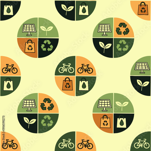 Seamless pattern of eco-friendly icons: solar panels, recycling, plants, water, bicycles, and shopping bags, promoting sustainability and green living.