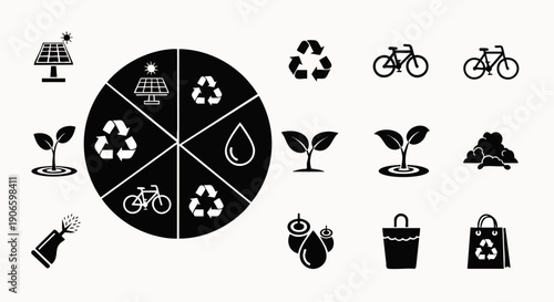 Set of icons representing sustainability and environmental protection, including solar energy, recycling, and plants