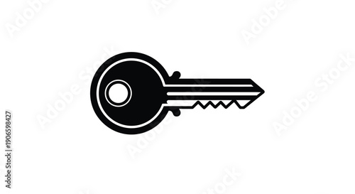 Simple black and white illustration of a classic key on a white background