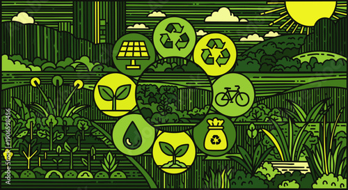 Green circular infographic showing symbols of environmental sustainability, renewable energy, and eco-friendly living in a natural landscape.