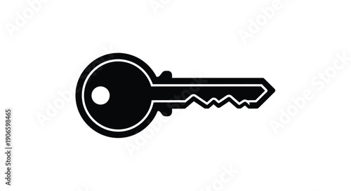 Simple black silhouette of a standard house key on a white background