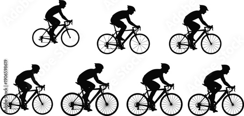 Cyclist silhouette vector collection, black bicycle rider illustrations in multiple riding poses for cycling sport and fitness design isolated on white