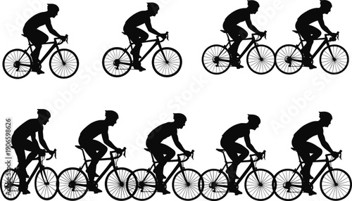 Cyclist silhouette vector set, black bicycle rider illustrations in different positions for cycling sport design isolated on white background