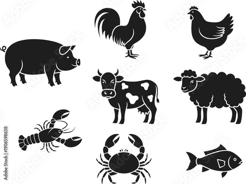 Farm and food animal silhouette vector set, black icons of livestock poultry and seafood for agriculture design isolated on white background