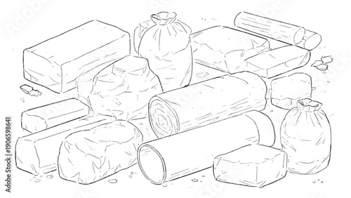 Vector background of pile of garbage bags, debris, crates and boxes