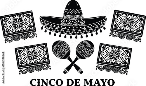 Cinco de Mayo celebration elements with decorated sombrero, maracas, and ornamental floral frames, traditional Mexican holiday icons for festive cultural event designs