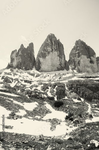 The Tre Cime di Lavaredo, the three famous mountain peaks in Dolomites,  less than 20 km northeast of Cortina d'Ampezzo, Italy