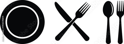 Plate and cutlery silhouette vector set, black dinnerware icons including fork spoon knife for restaurant food service design isolated on white background