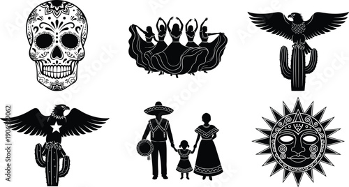 Mexican culture collection with sugar skull, folkloric dancers, eagle on cactus, traditional family silhouette, and sun god icon for national heritage design
