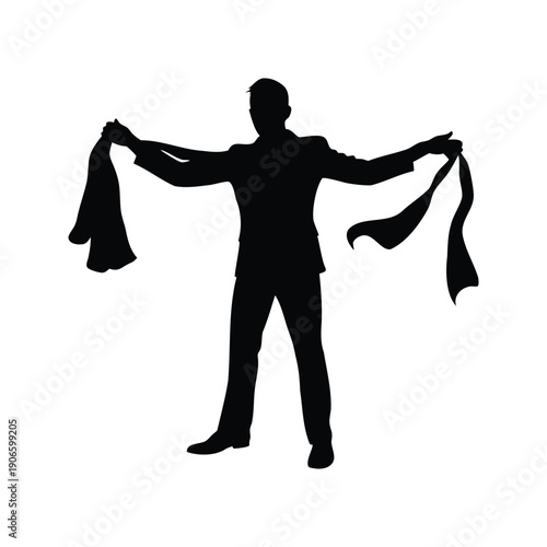 magician pulling scarves from sleeve silhouette vector illustration, Elegant magician performing trick with black and white tie silhouette vector illustration