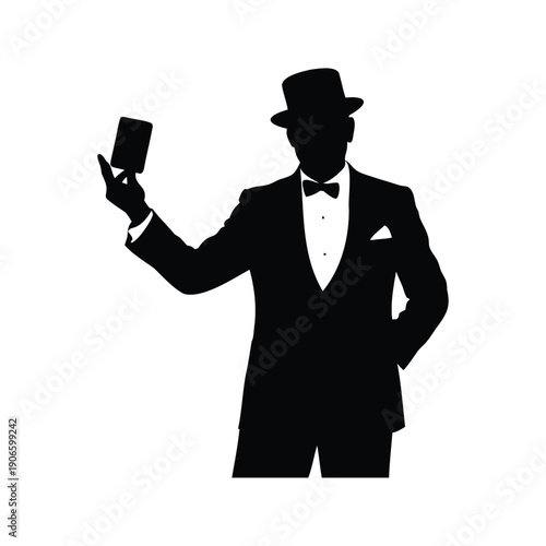 magician revealing hidden card silhouette vector illustration, Elegant gentleman in classic suit holding smartphone silhouette vector illustration with bowler hat and bow tie