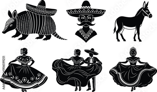 Mexican folklore culture set with traditional dancers, mariachi musicians, armadillo with sombrero, donkey silhouette, and festive people for celebration design projects