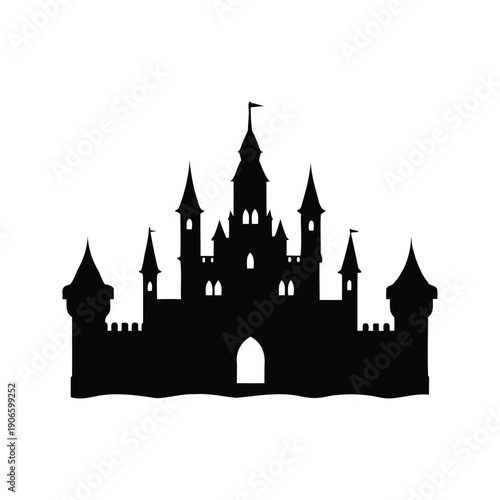 medieval castle with towers silhouette vector illustration, Fairy tale castle silhouette with intricate towers and turrets, elegant black and white vector illustration