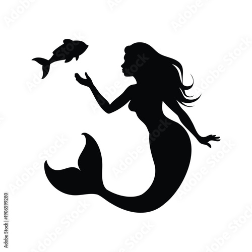mermaid playing with fish silhouette vector illustration, Elegant mermaid silhouette vector illustration holding a fish with long flowing hair and tail