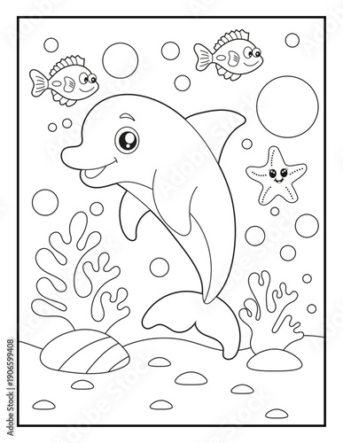 Dolphin Coloring Page for Kids. Happy Cartoon Sea Animal Swimming with Coral Reef and Bubbles. Black and white underwater line art for children
