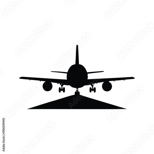 plane taxiing on runway silhouette vector illustration, Modern commercial airplane landing gear silhouette vector illustration showcasing front view design for travel and aviation projects