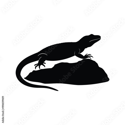 reptile basking rock silhouette vector illustration, A stylish black silhouette vector illustration of a lizard resting on a rock for nature and wildlife designs