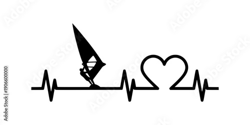 Windsurfer heartbeat silhouette. Windsurfing icon symbol design. Minimalist EKG line with heart shape. Isolated on white background.