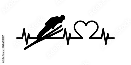 Ski jumping heartbeat silhouette. Heart pulse icon symbol design. Minimalist winter sports line art. Isolated on white background.