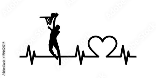 Basketball player silhouette heartbeat. Dunking athlete icon symbol. Minimalist sports design. Isolated on white background.