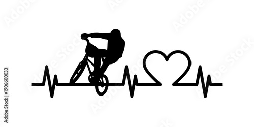 Mountain biker heartbeat silhouette. Cycling icon symbol design. Minimalist sport graphic. Isolated on white background.