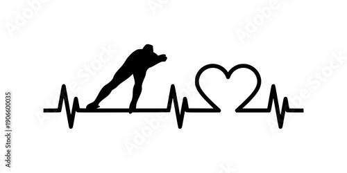 Speed skater silhouette heartbeat. Heart pulse icon symbol design. Sport lifestyle graphic. Isolated on white background.