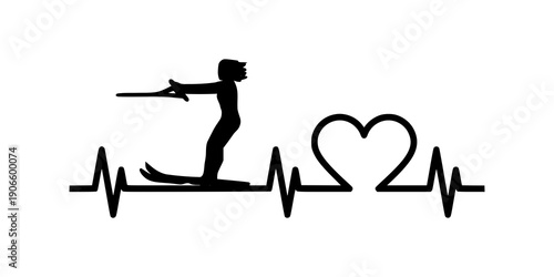 Water skiing heartbeat silhouette. Heart pulse ecg line icon symbol design. Sport lifestyle graphic. Isolated on white background.