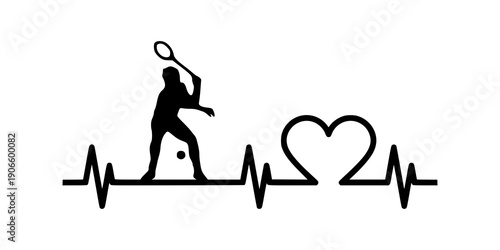 Tennis heartbeat silhouette. Sport icon symbol design. Passion for tennis minimalist graphic. Isolated on white background.