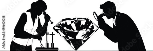 Professional jewelers examining a large sparkling diamond with magnifying loupes and laboratory tools for quality certification and precious gemstone appraisal services
